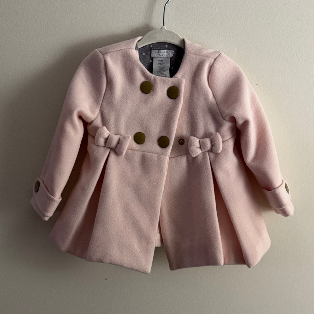 Tahari Baby Pink Double-Breasted Pea Coat with Bow Details